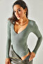 Women's Water Green Deep V-Neck Padded Lycra Bodysuit with Snap Fasteners BDY-00000041 - 7