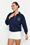Navy Blue Zipper Collar Embroidery Detailed Regular Fit Thick Fleece Inside Knitted Sweatshirt TWOAW24SW00162 - 2