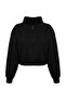 Black Relaxed Fit Crop Basic Zippered Stand Collar Thick Fleece Inside Knitted Sweatshirt TWOAW24SW00221 - 7