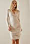 Cream V-Neck Padded Velvet Dress 4KXK6-47610-22 - 3