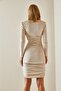 Cream V-Neck Padded Velvet Dress 4KXK6-47610-22 - 8