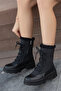 Women's Black Lace-Up Leather Non-Slip Sole Inside Wool Parachute Fabric Boots Flat Sole Bootie - 2