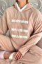 Brown Three Line Patterned Hooded Plush Fleece Pajama Set - 5