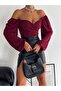 Women's Burgundy Long Balloon Sleeve Front Cross Ruched Sandy Fabric Cropped Blouse - 2