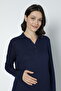 Navy Blue Cotton Fitted Knitted Fabric Maternity and Maternity Long Sleeve Nightgown - 4