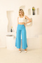 Blue Open Waist Elastic Side Slit Palazzo Trousers
