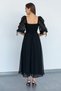 Women's Chiffon Fabric Chest Area Ruffled Gipe Detailed Short Sleeve Midi Length Black Chiffon Dress 087 - 3