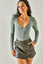 Women's Water Green Deep V-Neck Padded Lycra Bodysuit with Snap Fasteners BDY-00000041 - 2