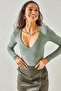 Women's Water Green Deep V-Neck Padded Lycra Bodysuit with Snap Fasteners BDY-00000041 - 4