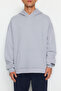 Gri Kapüşonlu Oversize/Geniş Kesim Kolu Yazı Nakış Etiketli Yumuşak Kumaş Sweatshirt TMNAW24SW00031 - 5