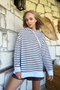 Women's Coffee Hooded Striped Patterned Seasonal Oversize Sweatshirt with Side Slit ALC-X6981