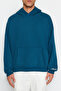 Petrol Kapüşonlu Oversize/Geniş Kesim Nakışlı Etiketli Yumuşak Kumaş Sweatshirt TMNAW24SW00031 - 4