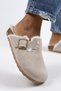 Zeta Furry Women's Genuine Leather Buckle Belted Furry Beige Suede Slippers - 4