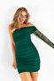 One Sleeve Tulle Detail Green Mini Dress