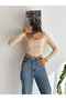 Women's Beige Square Collar Long Sleeve Corset Look Ribbed Crop Blouse - 4