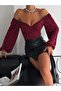 Women's Burgundy Long Balloon Sleeve Front Cross Ruched Sandy Fabric Cropped Blouse - 4