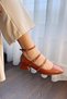 Women's Mary Jane Tan Patent Leather Closed Back Three-Striped Square Toe Helmet Short Block Heeled Shoes - 2