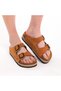 Genuine Leather Straw Detailed Anatomical Sole Tan Women's Slippers