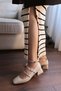 Women's Mary Jane Beige Nude Patent Leather Closed Back Three-Striped Square Toe Helmet Short Block Heeled Shoes - 2