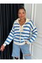 WOMEN'S WHITE CHEST LACING DETAIL WIDE COLLAR STRIPED KNITWEAR SWEATER - 4