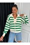 WOMEN'S WHITE CHEST LACING DETAIL WIDE COLLAR STRIPED KNITWEAR SWEATER - 3