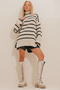 Beige Striped High-Neck Oversized Sweater with Side Slits Alc-X10954