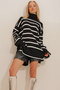 Black Striped High-Neck Oversize Sweater with Side Slits Alc-X10954 - 4