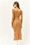 Women's Camel Open Collar Long Sleeve Blouse Slit Skirt Set TKM-19000224 - 4