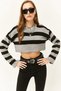Women's Gray Spanish Sleeve Striped Crop Knitwear Sweatshirt KZK-19000657