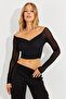 Women's Black Sleeves Tulle Crop Blouse CG315 - 5