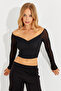 Women's Black Sleeves Tulle Crop Blouse CG315 - 3