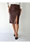 MIDI LENGTH LEATHER CLARET RED PENCIL SKIRT WITH DEEP SLITS