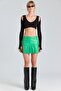 2781 Pleated Slit Green Leather Skirt - 3