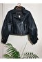 Women's Balloon Sleeve Zippered Casual Leather Jacket Black - 5