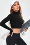 Kadın Siyah Uzun Kol Fermuarlı Parmak Geçme Detaylı Dik Yaka Crop Top Bluz - 3