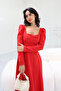 Women's Long Sleeve Midi Dress with Chest Cup - Red - 4