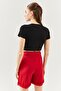 Black Short Sleeve Crew Neck Fitted 100% Cotton Camisole Stretchy Crop Blouse - 5