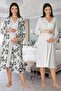Women's Ecru Patterned Stylish Design Long Sleeve Cotton Maternity Maternity Dressing Gown Nightgown Set - 3
