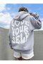 Women's Gray Love Yourself Printed Oversize Hooded Sweatshirt - 4