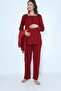 Claret Red Velvet Maternity and Maternity Pajamas Set with Dressing Gown - 3