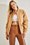 Women's Camel Double Pocket Snap Fastener Wrinkled Fabric Coat 40971005 - 6