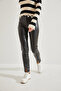 Women's Black Ribbed Leather Trousers with Slits 40971018 - 4