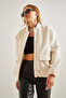 Women's White Double Pocket Snap Fastener Wrinkled Fabric Coat 40971005 - 5
