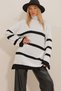 Women's Ecru-Black Turtleneck Striped Thick Ribbed Oversize Knitwear Winter Sweater ALC-X9432 - 3