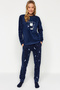Navy Blue Cat Embroidered Velvet Winter Knitted Pajamas Set Thmaw24Pt00169 - 2