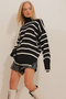 Black Striped High-Neck Oversize Sweater with Side Slits Alc-X10954 - 5