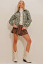 Women's Brown-Green Patterned Zippered Elastic Waist Seasonal Bomber Jacket ALC-X10775 - 4