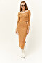Women's Camel Open Collar Long Sleeve Blouse Slit Skirt Set TKM-19000224 - 2