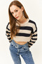 Women's Stone Spanish Sleeve Striped Crop Knitwear Sweater KZK-19000657 - 4