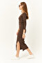 Women's Bitter Brown Open Collar Long Sleeve Blouse Slit Skirt Set TKM-19000224 - 5